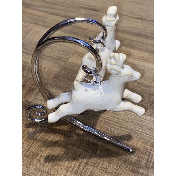 Pottery Barn OOP Galloping Reindeer Salt & Pepper Set w/Silvertone Stand - Picture 10 of 12